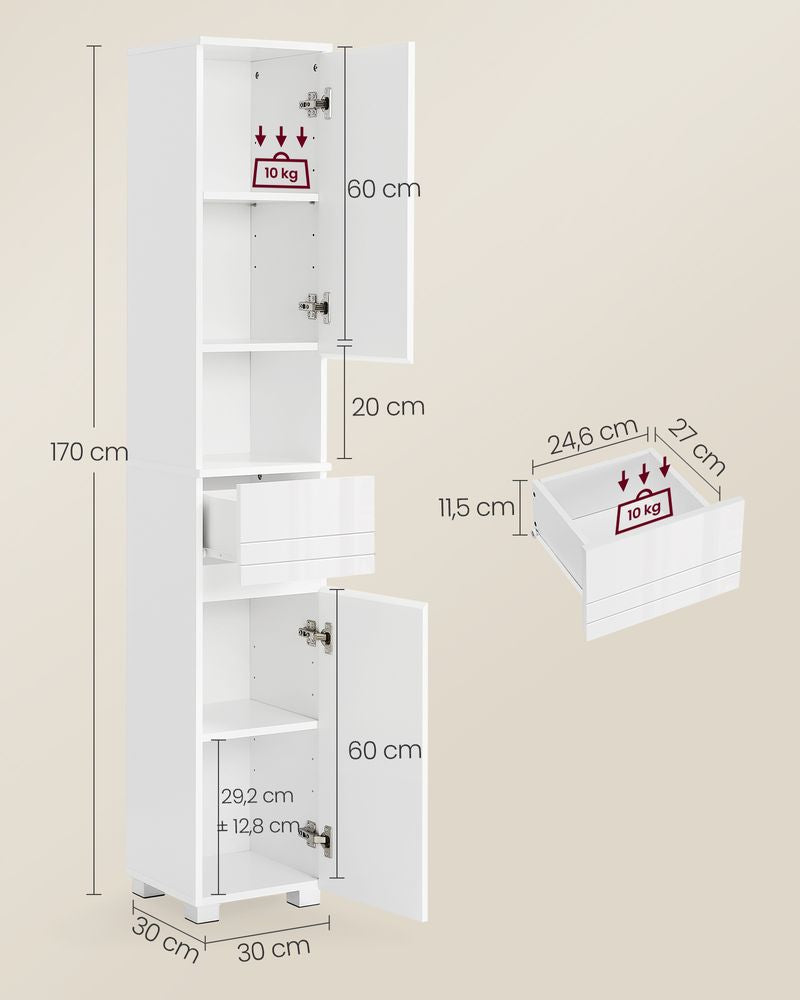 Opbergmeubel 30 x 30 x 170 cm met verstelbare planken - Klassiek Wit
