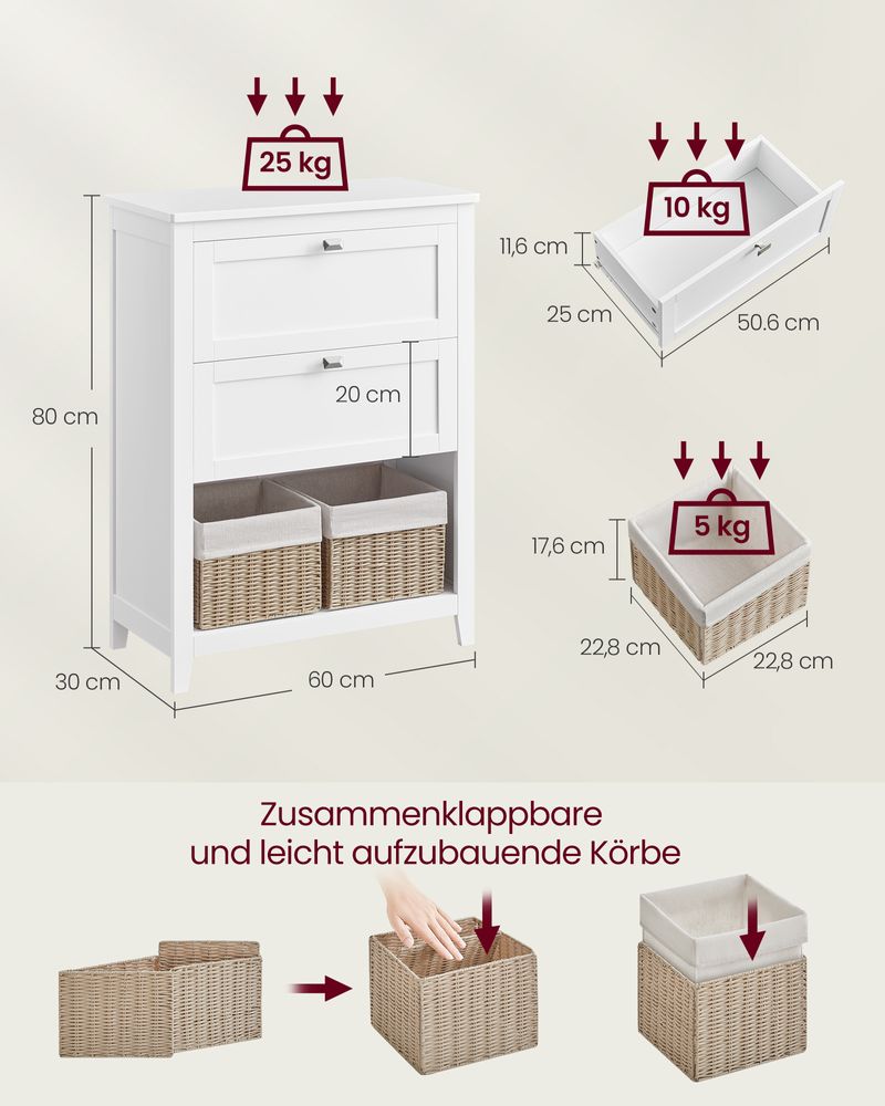 Opbergmeubel met 2 lades & opbergmandjes - Wit