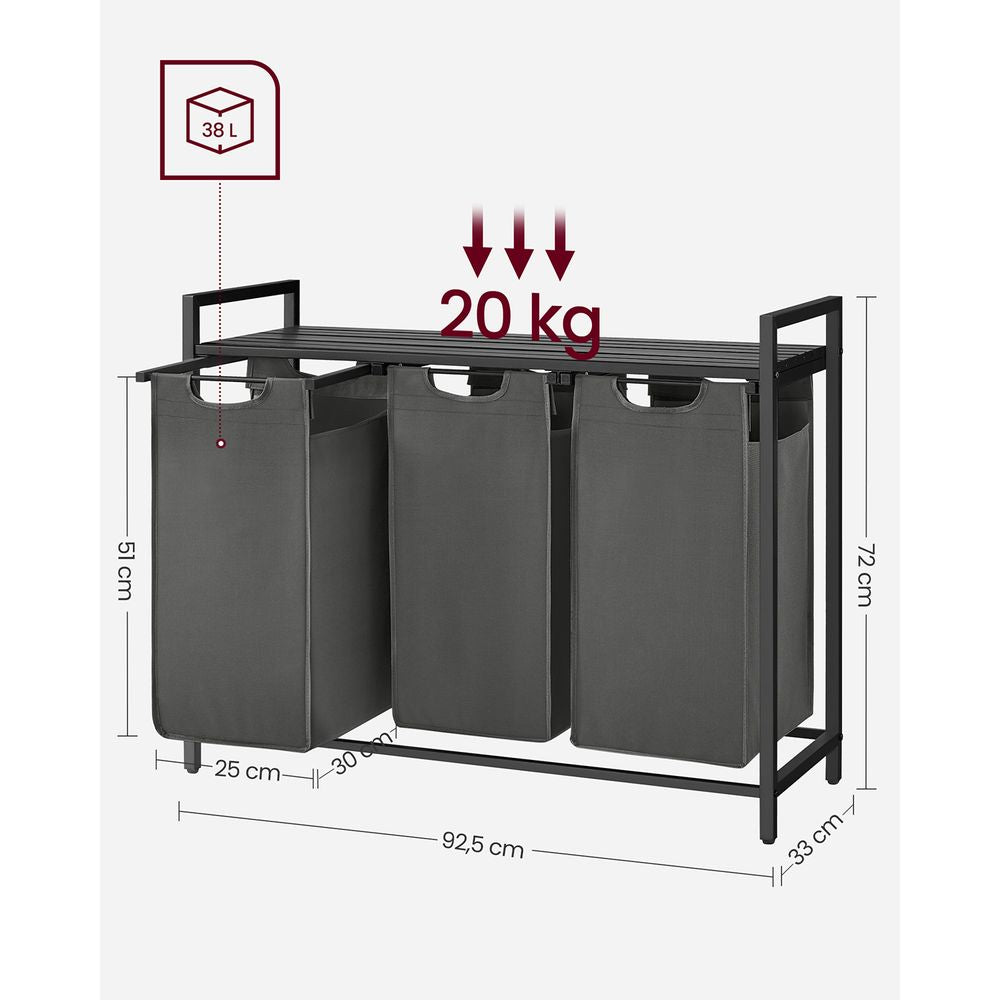 Wasmand 3x 38L - Zwart + Grijs
