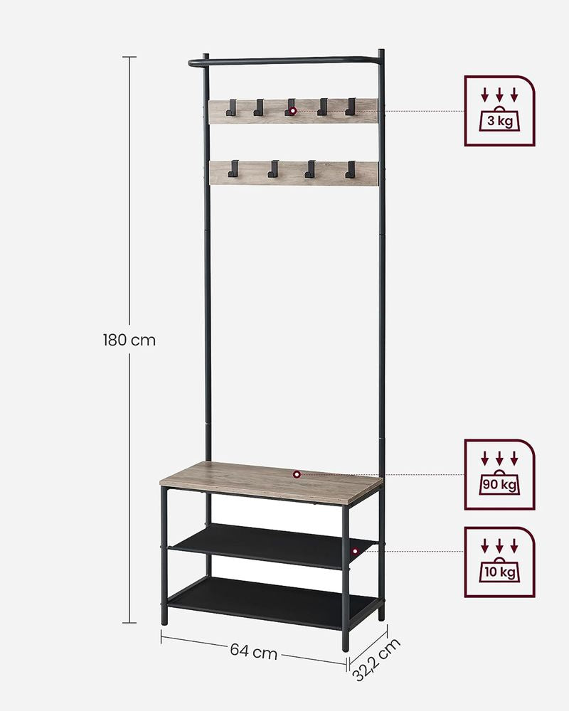 Kapstok met bankje - Grijs + Zwart