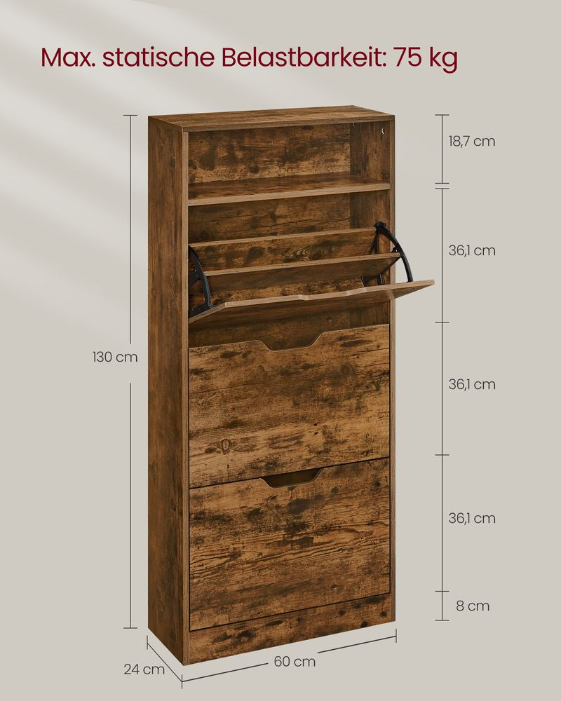 Schoenenkast met 3 kleppen & open vak - Vintagebruin