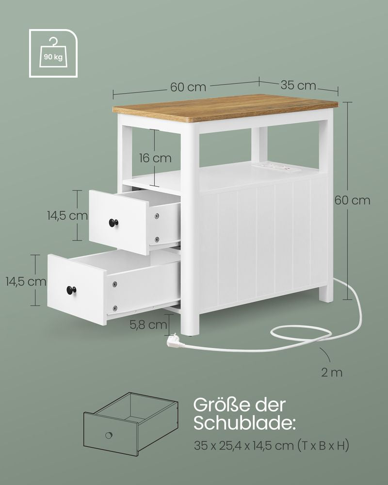 Smalle bijzettafel met stekkerdoos in walnootbruin en wit