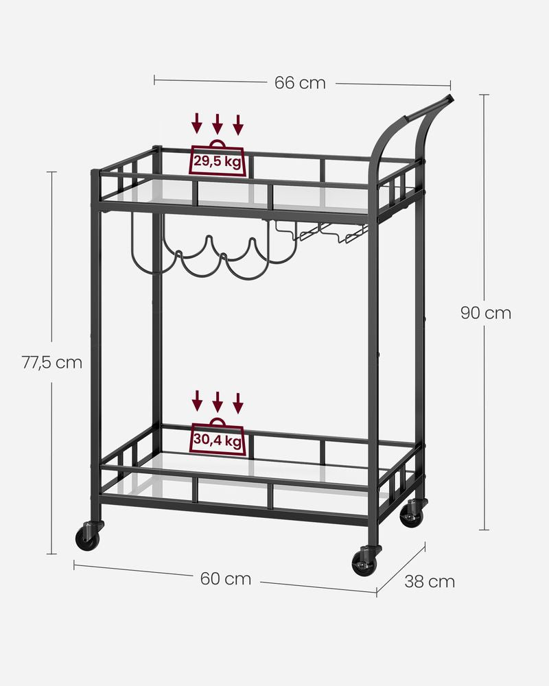 Trolley Metaal met glazen blad - Zwart (38 x 60 x 90 cm)