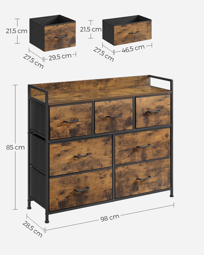 Ladekast met 7 stoffen lades - Vintagebruin + Zwart