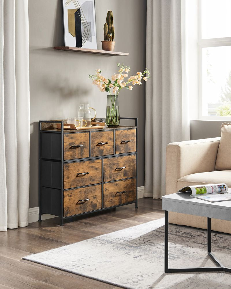 Ladekast met 7 stoffen lades - Vintagebruin + Zwart