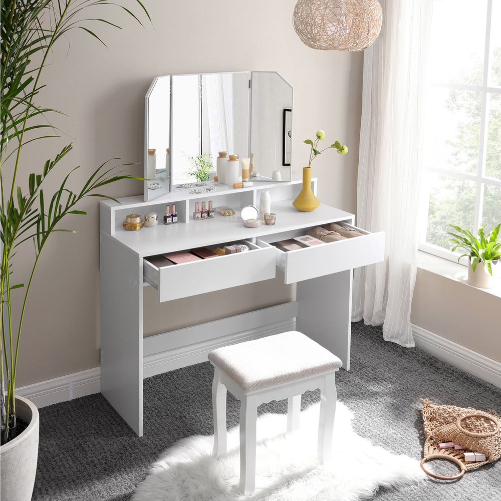 Kaptafel met inklapbare spiegel en 2 lades wit