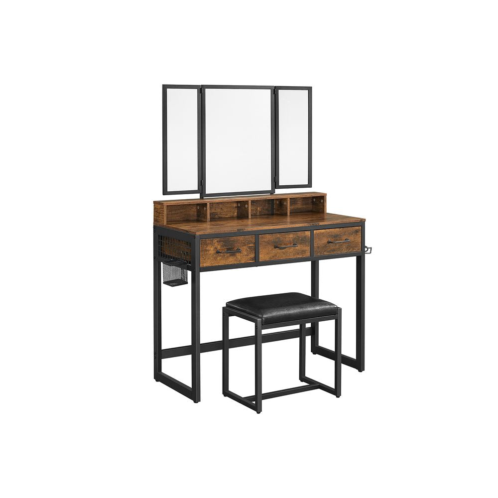 Kaptafel met 3-delige inklapbare spiegel - Vintagebruin