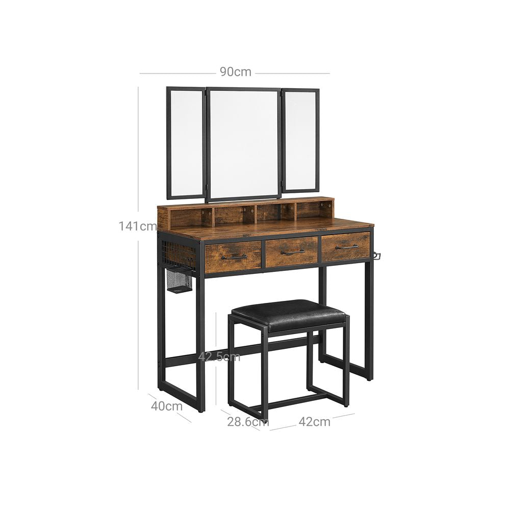 Kaptafel met 3-delige inklapbare spiegel - Vintagebruin