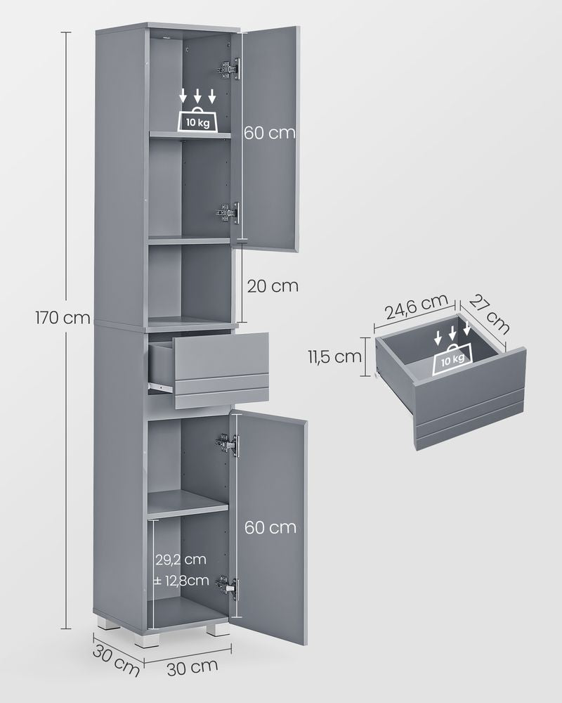 Opbergmeubel 30 x 30 x 170 cm met verstelbare planken - Mystiek Grijs