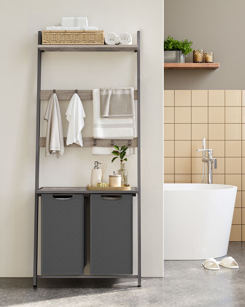 Wasmand met handdoekladder - Greige gemêleerd + leigrijs