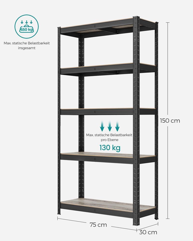 Opbergrek - 5 niveaus tot 650KG - Zwart + Natuurlijk hout (Set van 2)