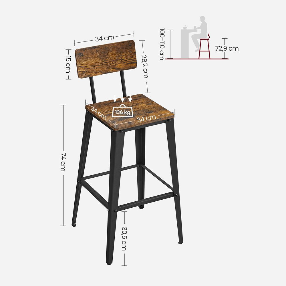 Barkruk met rugleuning set van 2 - Vintagebruin + Zwart