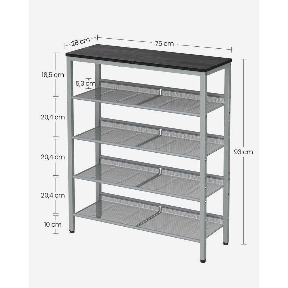 Schoenenrek met 5 niveaus - Zilver + Zwart