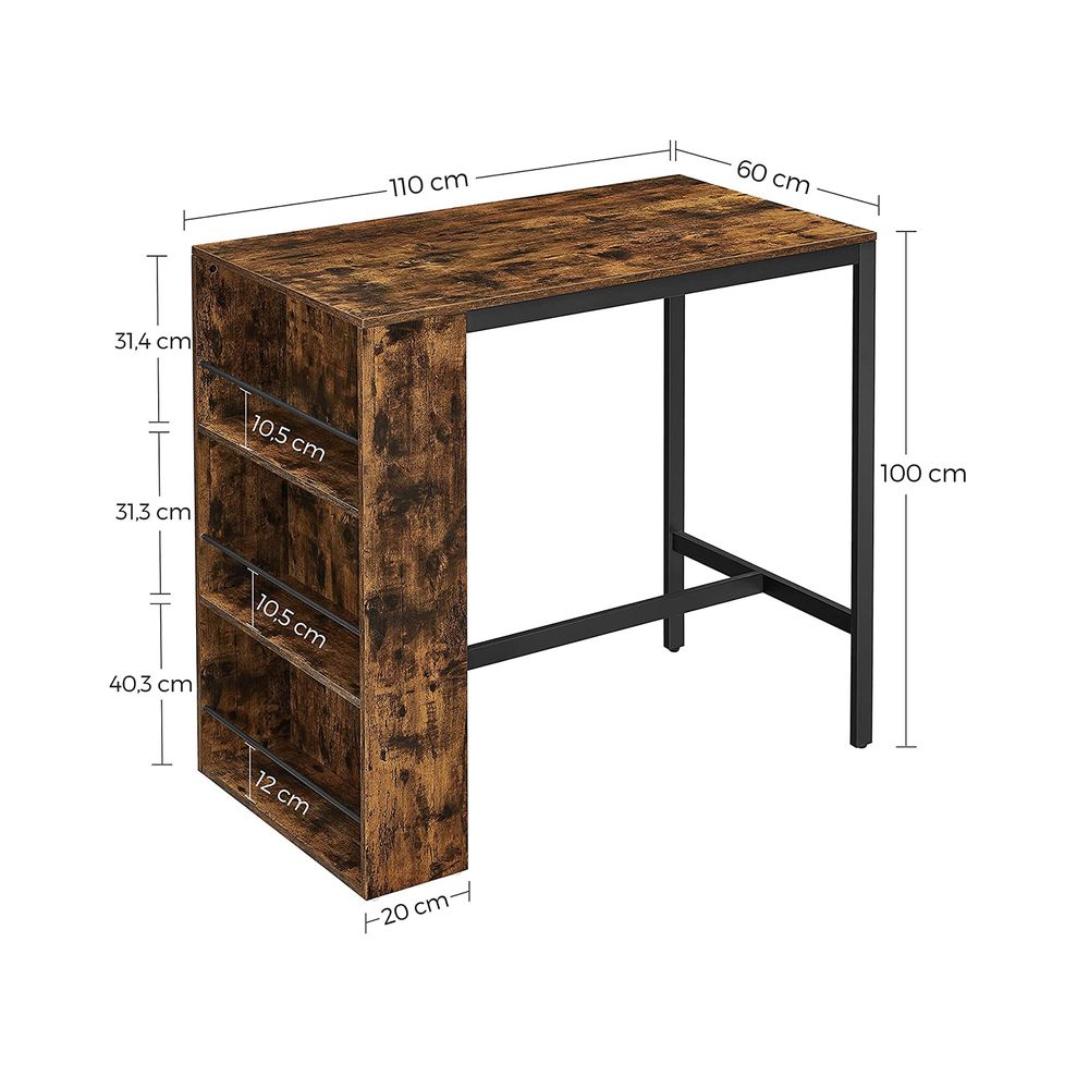 Bartafel met 3 planken - Industrieel - Vintagebruin + Zwart (110 x 60 x 100 cm)