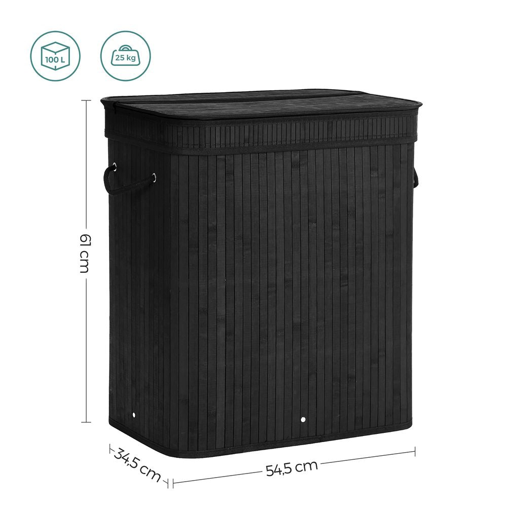 Wasmand van bamboe met deksel 100L - Zwart
