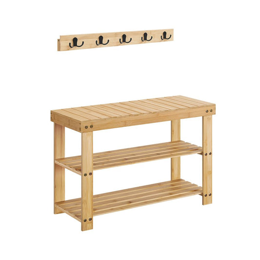 Schoenenrek bankje + Wandkapstok van Bamboe - Natural beige