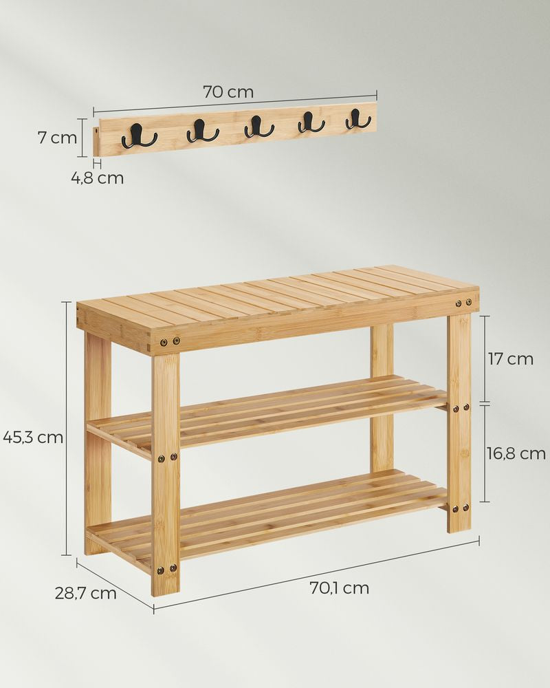 Schoenenrek bankje + Wandkapstok van Bamboe - Natural beige