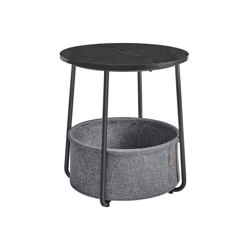 Ronde bijzettafel met stoffen mand - Ebbenhout Zwart/Leigrijs