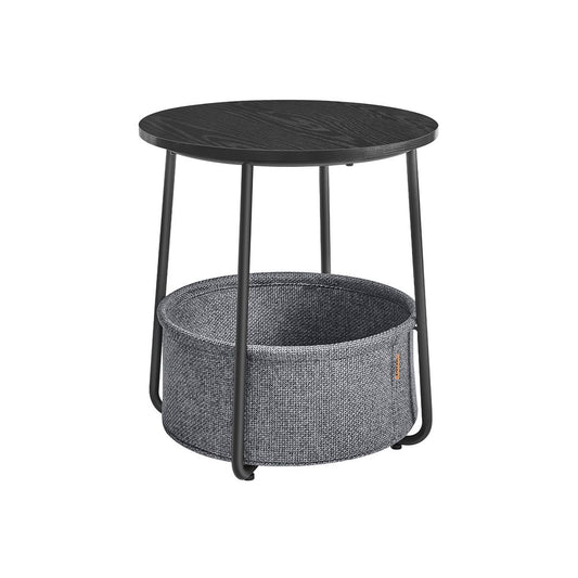 Ronde bijzettafel met stoffen mand - Ebbenhout Zwart/Leigrijs