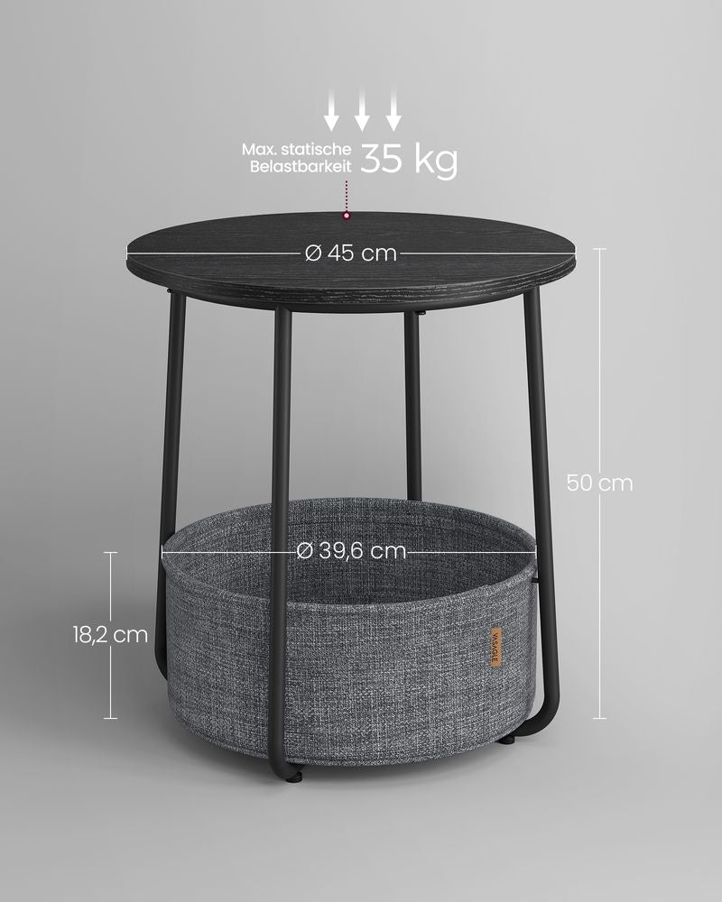 Ronde bijzettafel met stoffen mand - Ebbenhout Zwart/Leigrijs