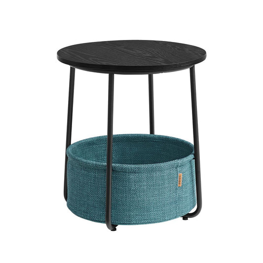 Ronde bijzettafel met stoffen mand - Zwart Houtlook/Turquoise