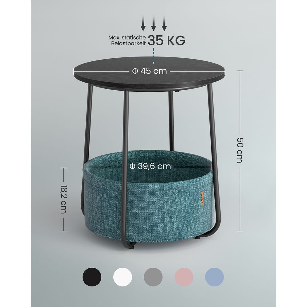 Ronde bijzettafel met stoffen mand - Zwart Houtlook/Turquoise