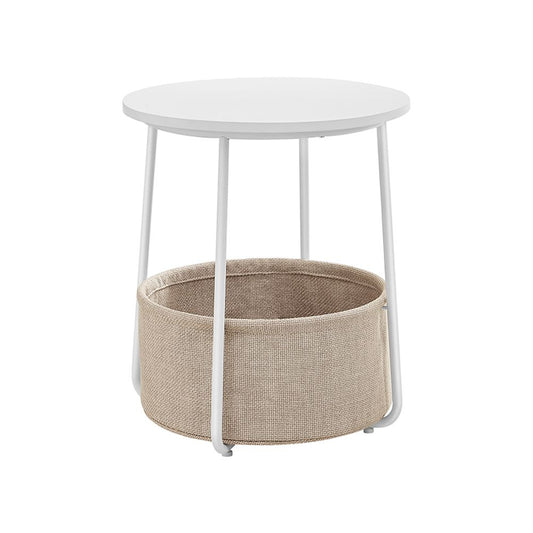 Ronde bijzettafel met stoffen mand - Wit/Beige