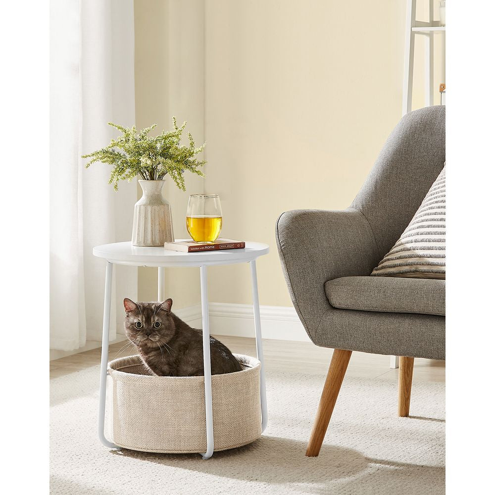 Ronde bijzettafel met stoffen mand - Wit/Beige