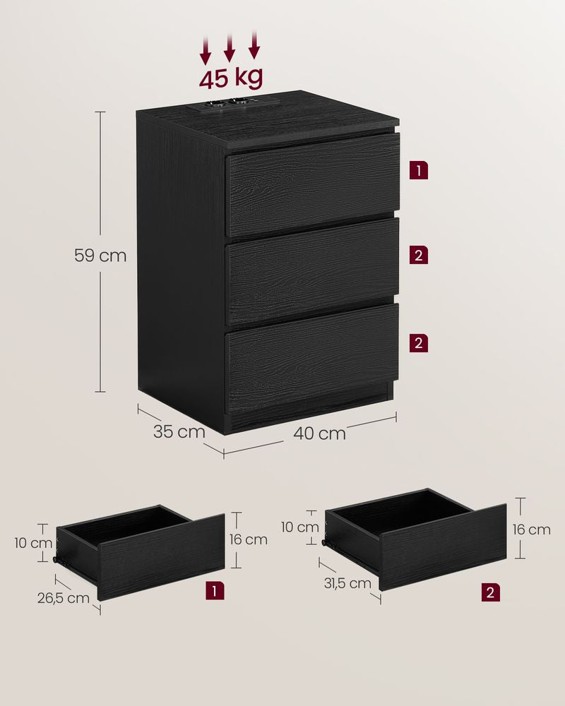 Bijzettafel 3 lades - Ebbenhout Zwart (Set van 2)
