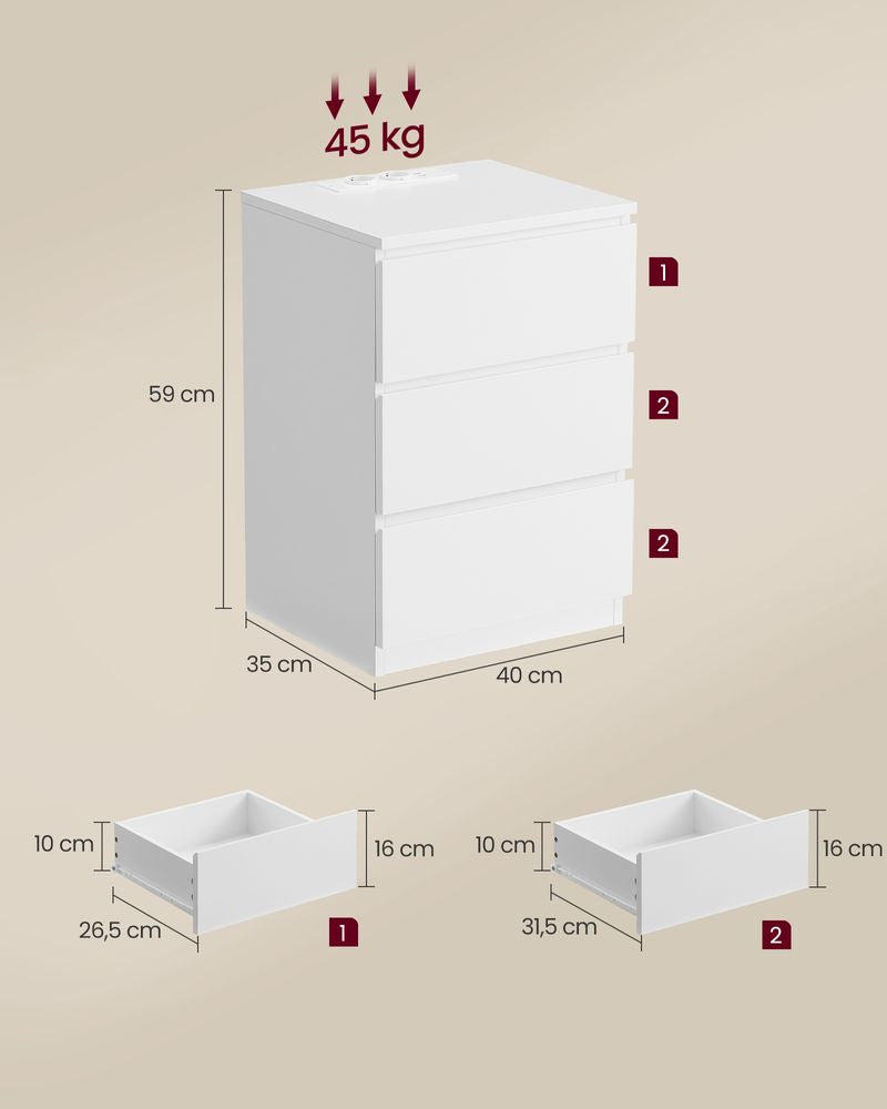 Bijzettafel 3 lades - Wolkwit (Set van 2)