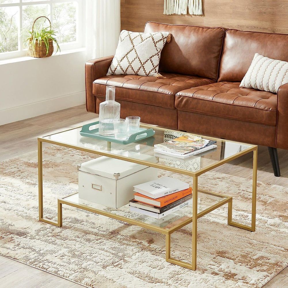 Salontafel Goud 2 planken gemaakt van gehard glas