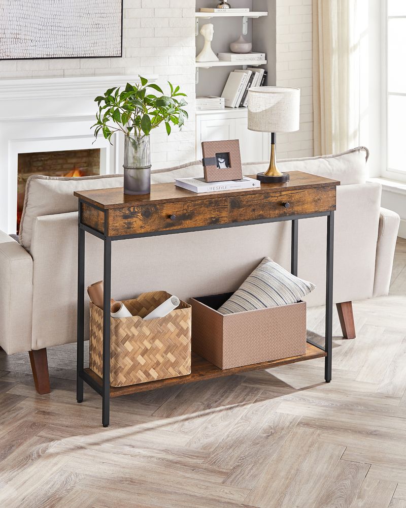 Consoletafel met 2 lades en stalen frame - Vintage bruin