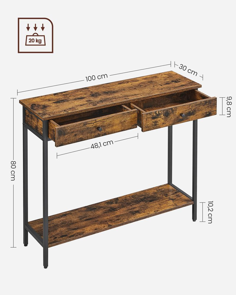 Consoletafel met 2 lades en stalen frame - Vintage bruin