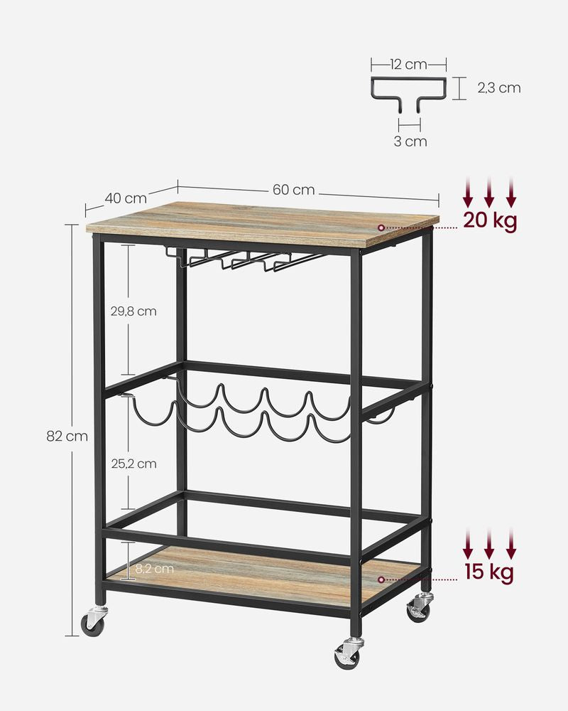 Trolley met Glazen & Flessenhouders - Turkooisbruin + Zwart