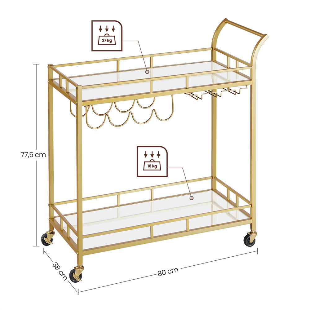 Trolley Metaal met glazen blad - Goud