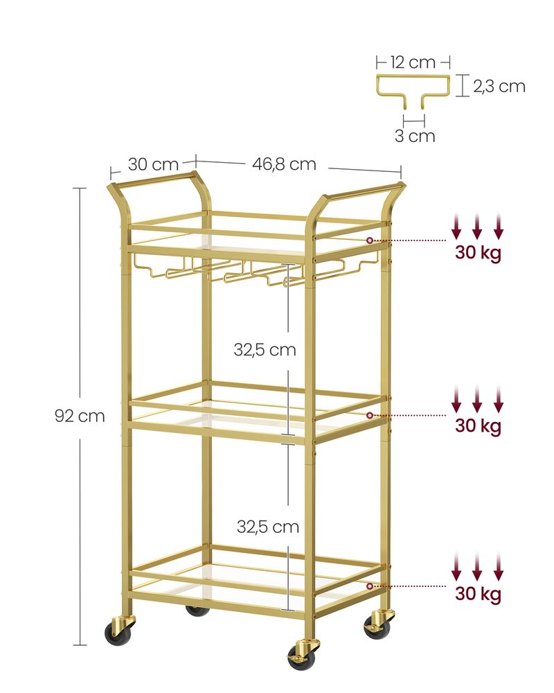 Trolley Metaal met glazen blad - Goud (30 x 46,8 x 92 cm)