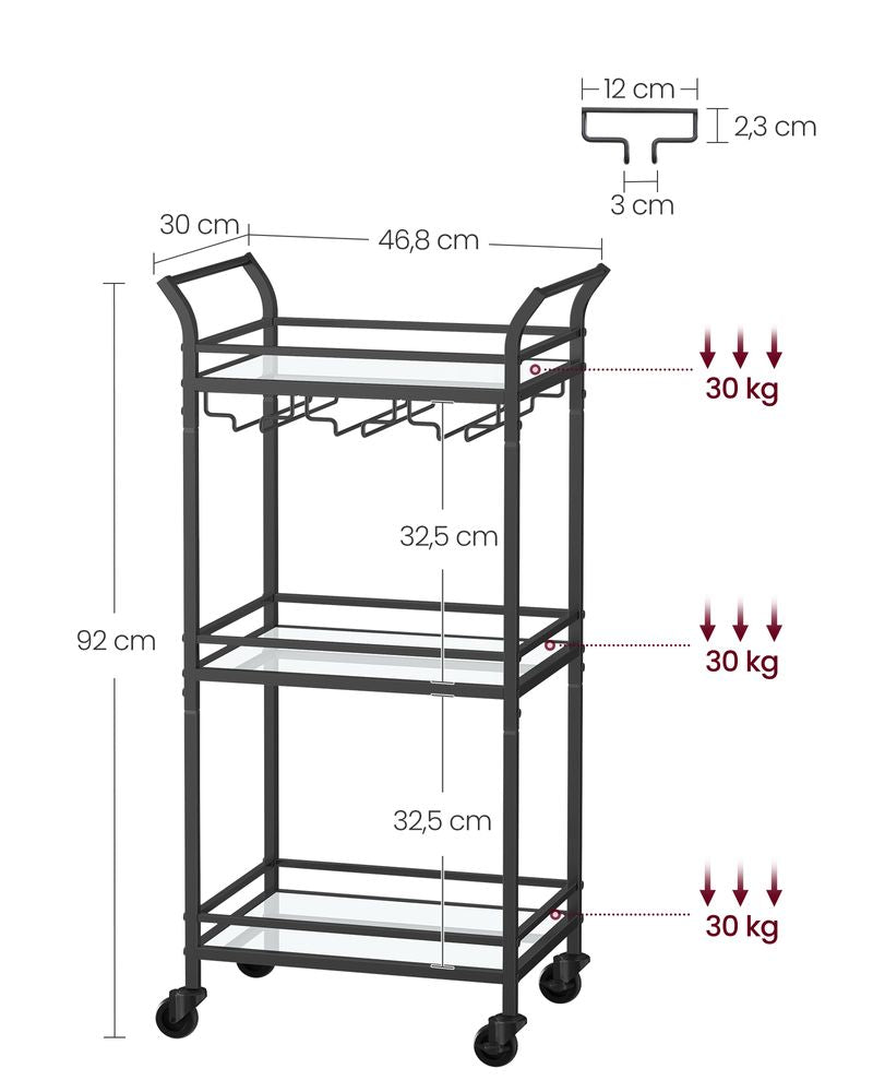 Trolley Metaal met glazen blad - Zwart (30 x 46,8 x 92 cm)