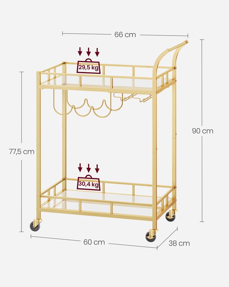 Trolley Metaal met glazen blad - Goud (38 x 60 x 90 cm)