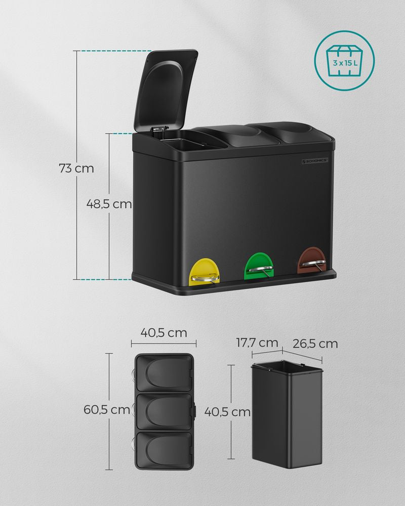 Afvalscheider 45L - Zwart (3 x 15L)
