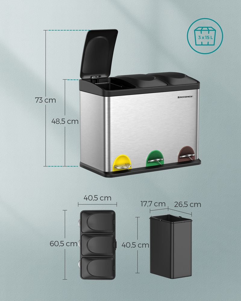 Afvalscheider 45L - Zilver + Zwart (3 x 15L)