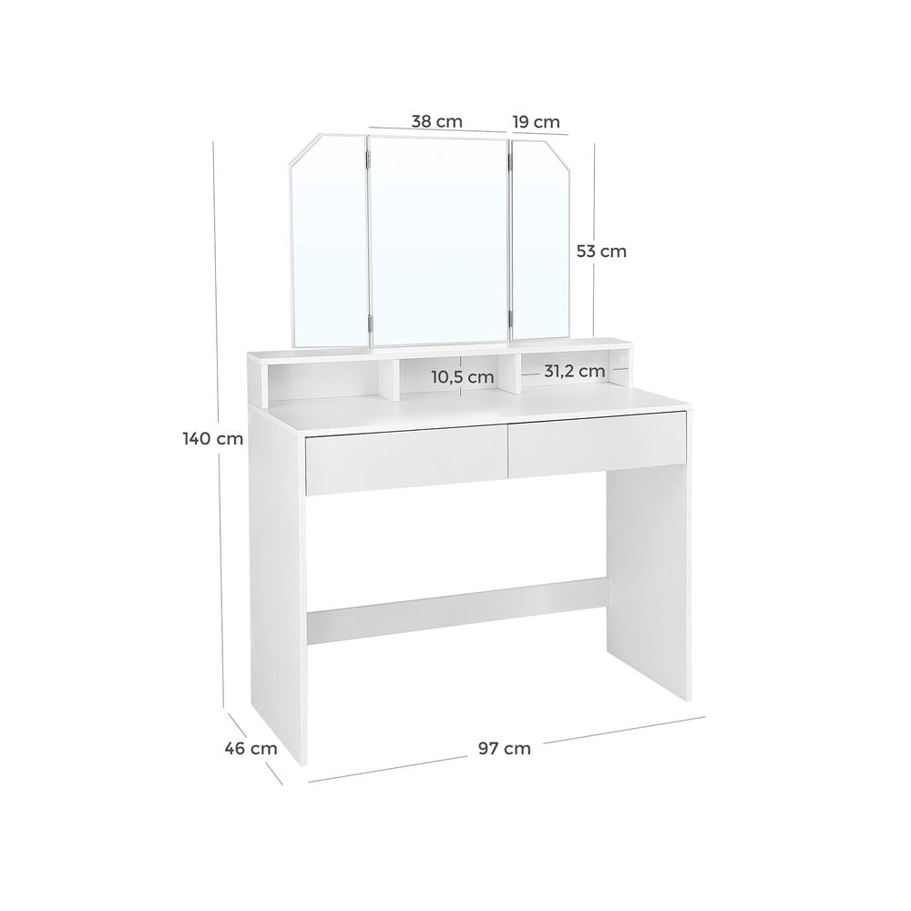 Kaptafel met inklapbare spiegel en 2 lades wit