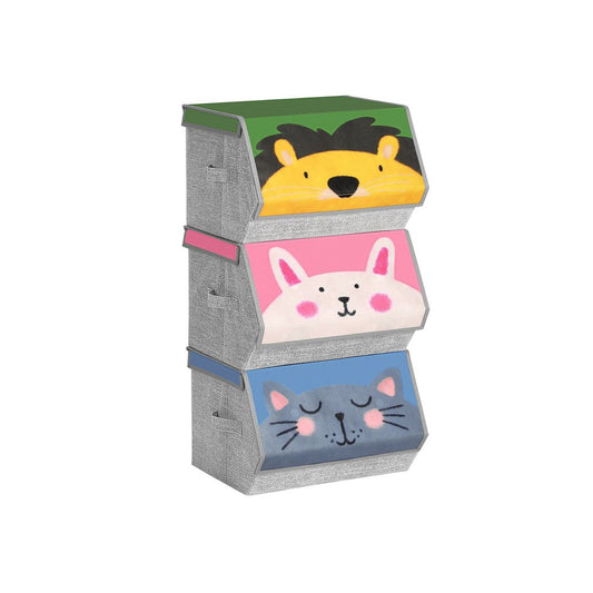Set van 3 stoffen dozen met deksels "Leeuw, konijn, kattenmotieven"