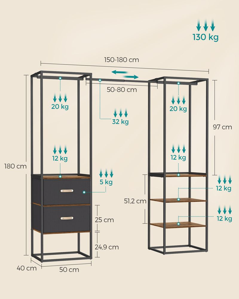 Kledingrek met 2 lades en 4 planken - Vintagebruin