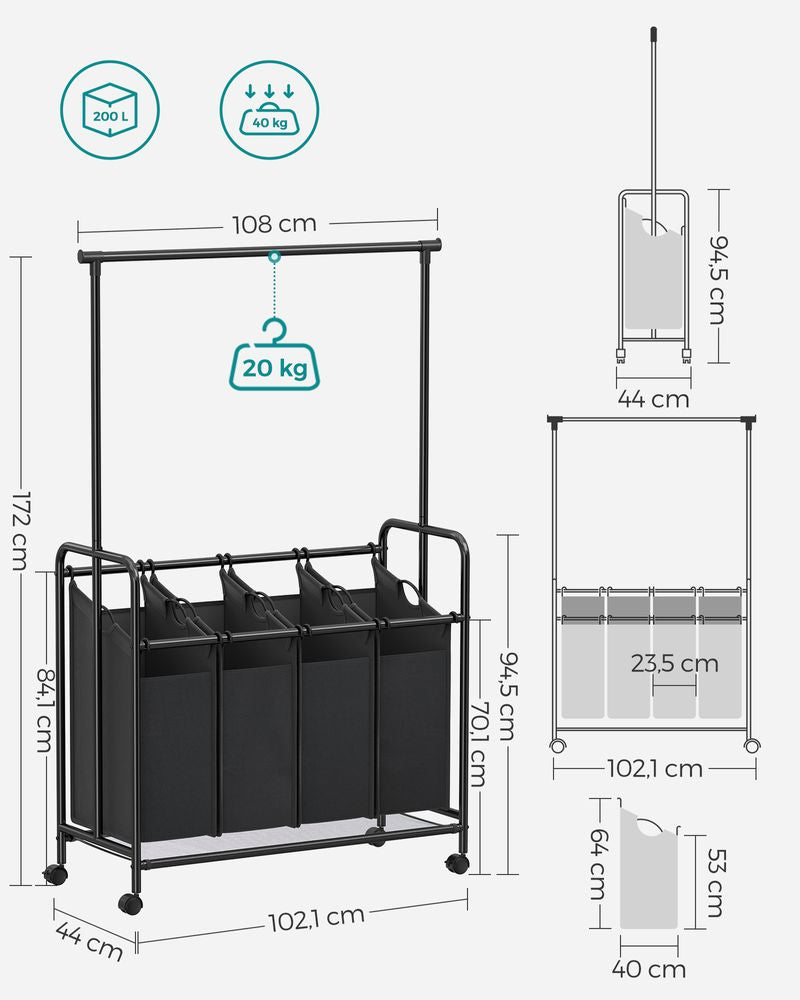 Wasmand 4 vakken + kledingrek - Zwart