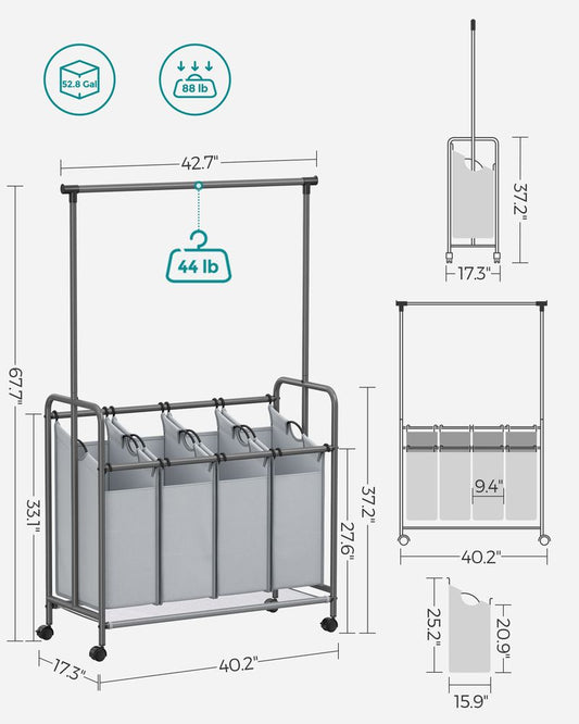 Wasmand 4 vakken + kledingrek - Grijs