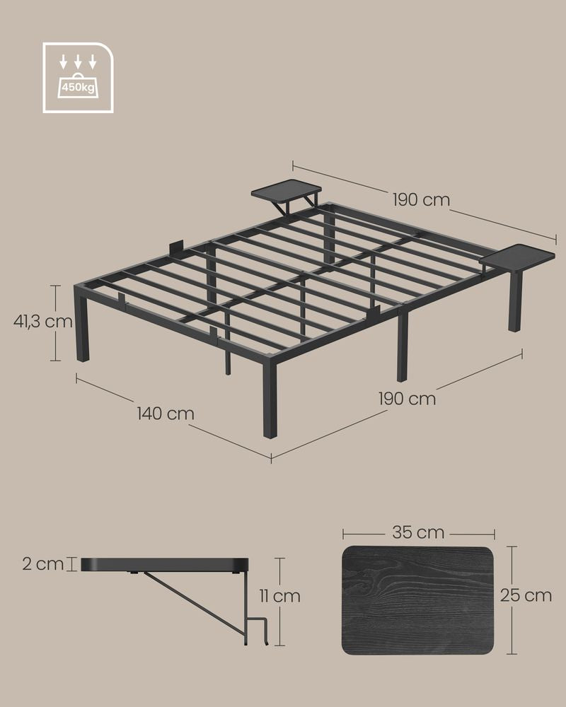 Metalen tweepersoonsbedframe met nachtkast plankjes - Zwart