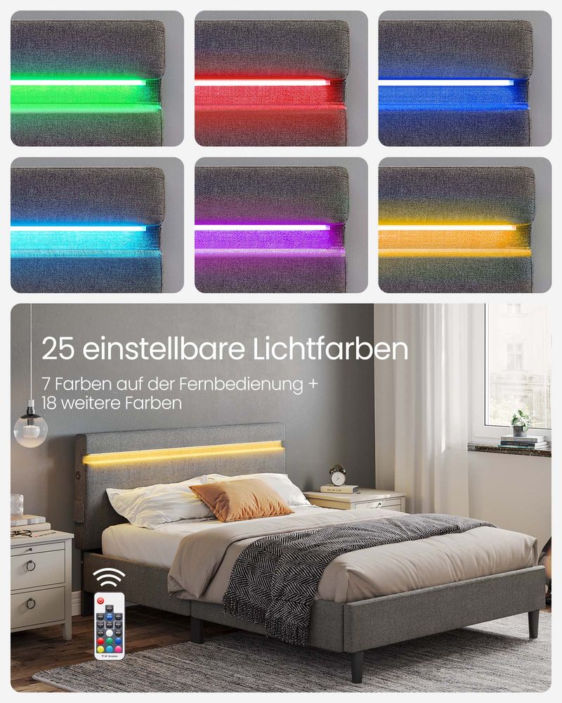 Tweepersoonsbed 140 x 190 cm LED-verlichting - Donkergrijs