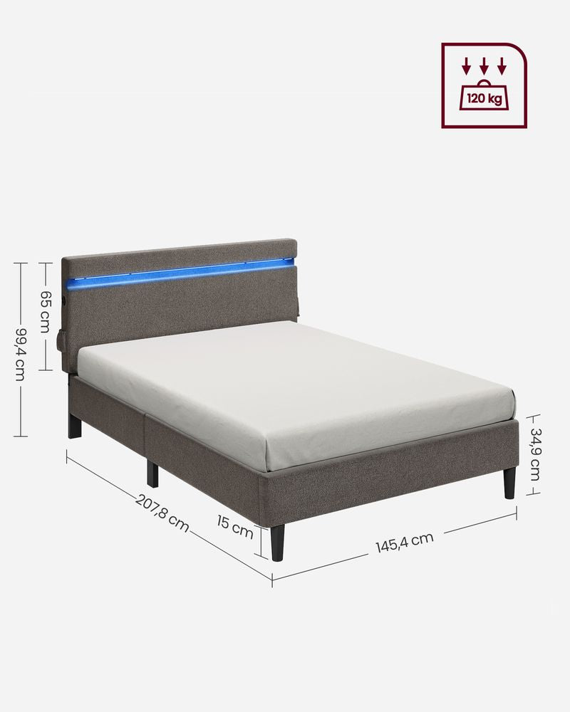 Tweepersoonsbed 140 x 190 cm LED-verlichting - Donkergrijs