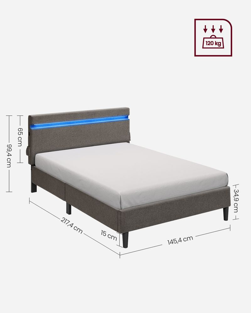 Tweepersoonsbed 140 x 200 cm LED-verlichting - Donkergrijs
