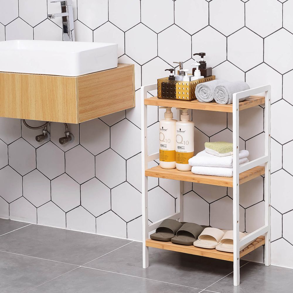 Kast Bamboe 3 niveaus - Wit + Naturel